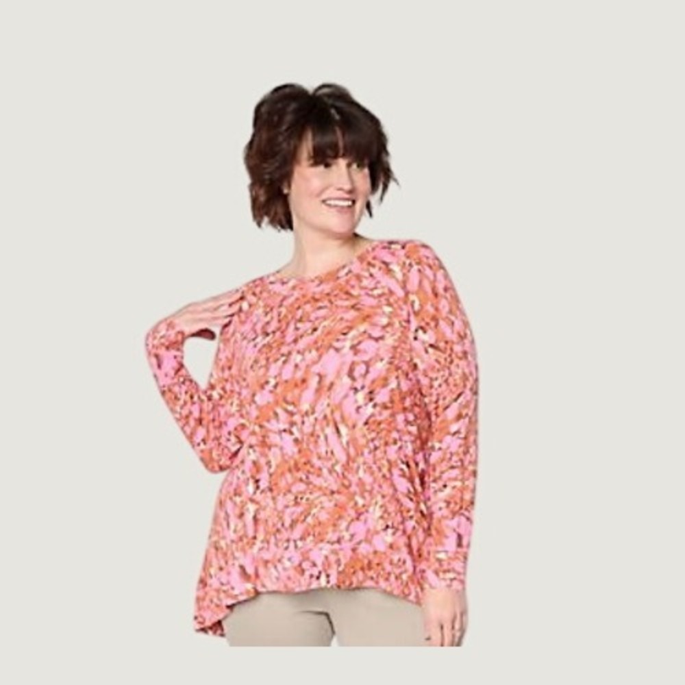 Belle by Kim Gravel XL Pink Brown Abstract Print High Low Long Sleeve Tunic Top